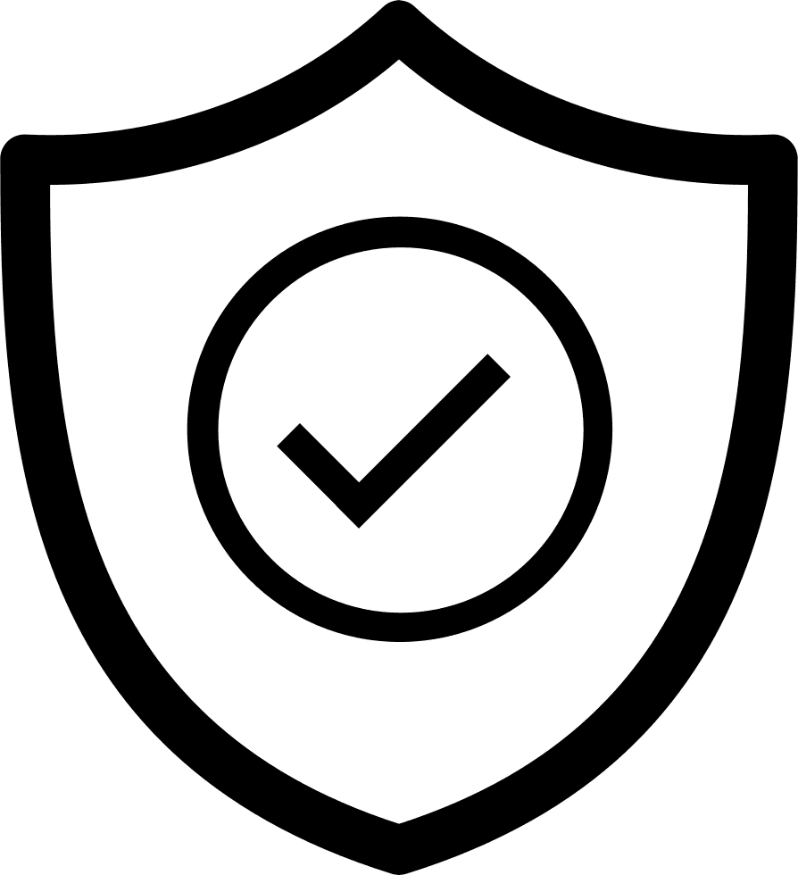 Black shield icon with a check mark inside, symbolizing security or protection.