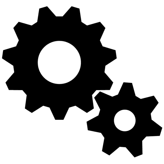Black silhouette of two interlocking gears of different sizes on a white background.