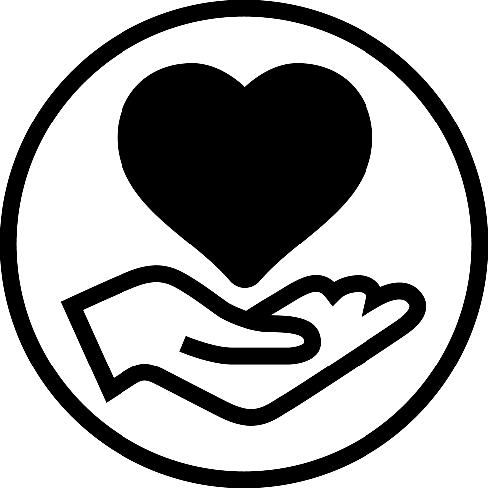 Icon of a hand holding a heart inside a circle, symbolizing care or support.